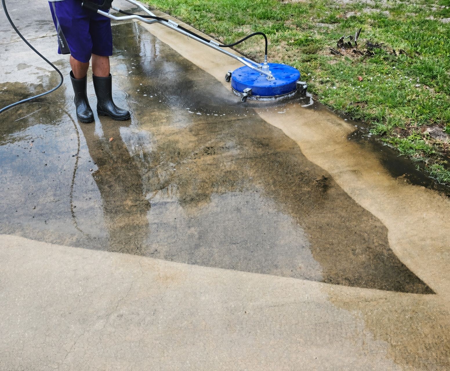 Crew surface-cleaning a concrete driveway in Vero Beach, FL